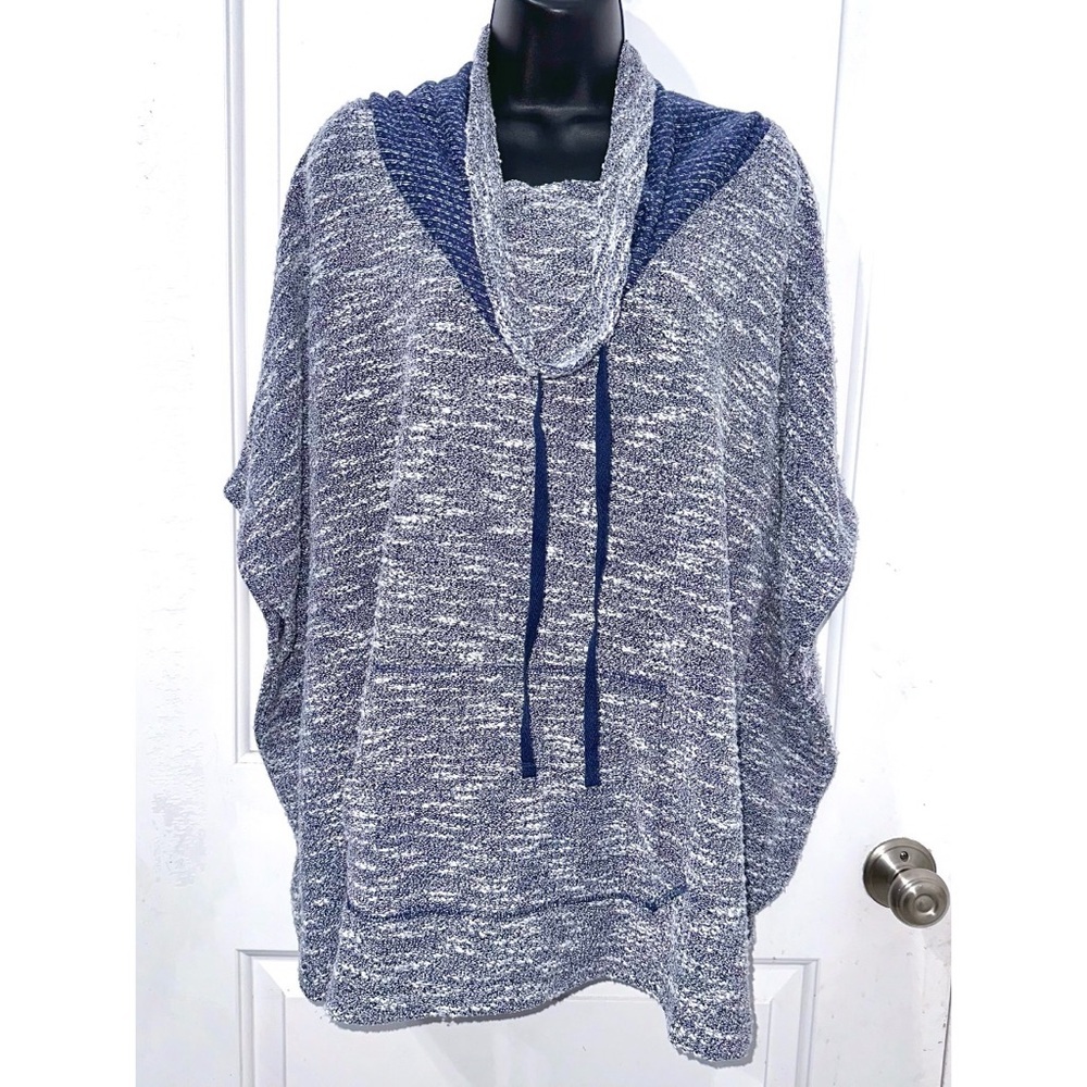Sunday by Dress Barn Knit Sweater Poncho Blue Marled Drawstring Cowl Neck